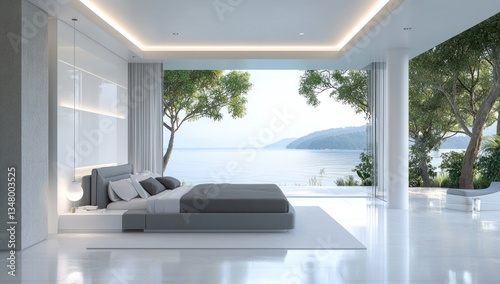 Modern minimalist bedroom with expansive views of ocean scenery