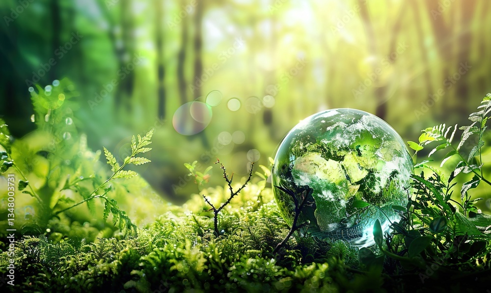 Globe On Moss In Forest - Environmental Concept Globe On Moss In Forest - Environmental Concept