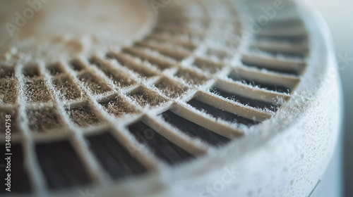 Dust buildup on close up view of circular air vent, showcasing accumulation of particles and dirt, highlighting need for cleaning