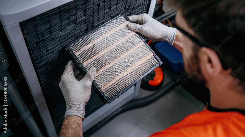Obraz premium Technician replacing air filter in mechanical system, showcasing attention to detail and maintenance skills