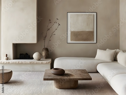A modern living room interior with minimalist furniture and decor