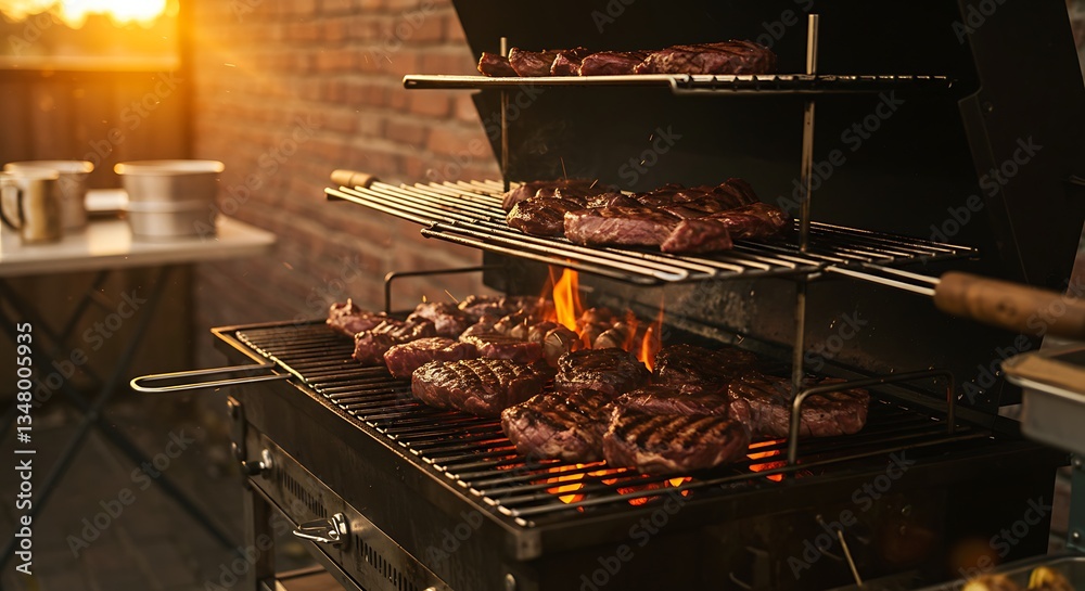 Outdoor grill with multiple tiers cooks an assortment of meat cuts - celebration, summer barbeque party, food blog Outdoor grill with multiple tiers cooks an assortment of meat cuts - celebration, summer barbeque party, food blog
