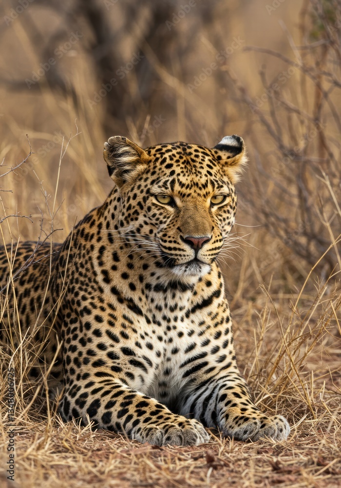 Naklejka premium portrait of a leopard relaxing in the grassland