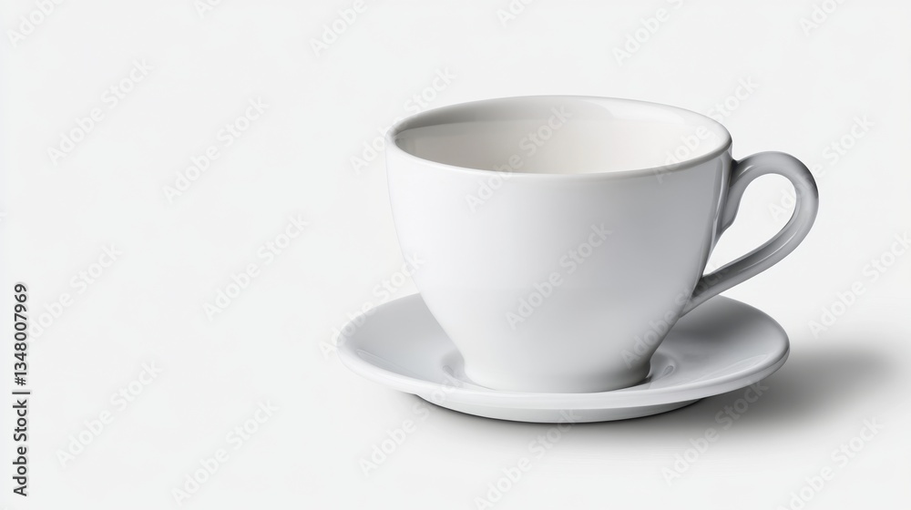 A simple white teacup and saucer on a white background. Studio lighting provides even illumination. The cup is empty. A simple white teacup and saucer on a white background. Studio lighting provides even illumination. The cup is empty.