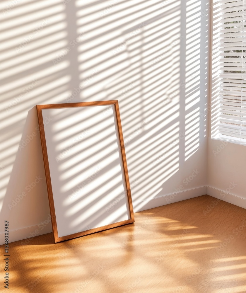 Empty wooden frame leaning against a white wall in a sunlit room. Light streams through blinds, casting shadows on the floor and frame. Minimalist, bright, and clean. Empty wooden frame leaning against a white wall in a sunlit room. Light streams through blinds, casting shadows on the floor and frame. Minimalist, bright, and clean.
