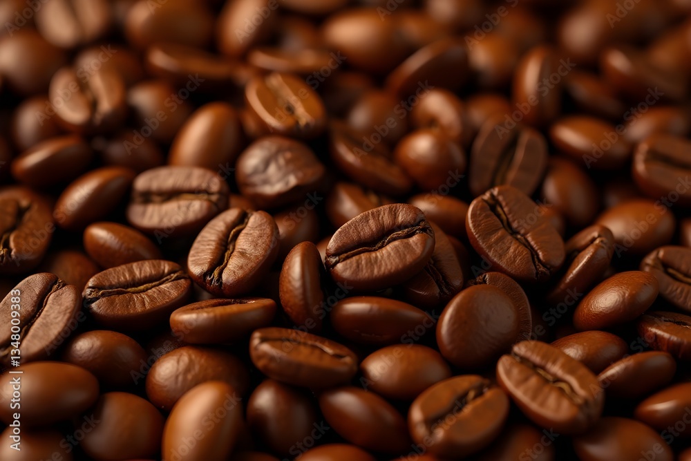 Macro close-up of glossy coffee beans, emphasizing their deep tones and intricate textures Macro close-up of glossy coffee beans, emphasizing their deep tones and intricate textures