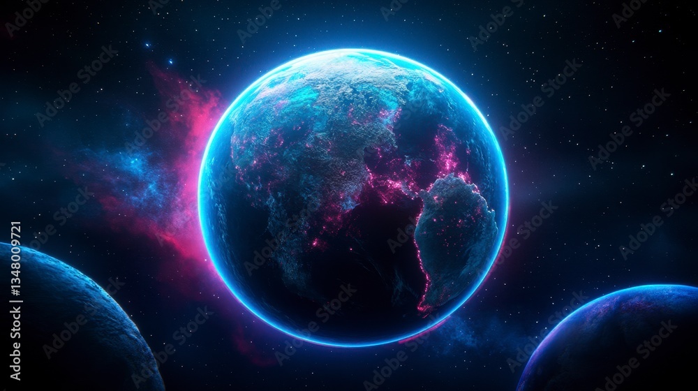 Obraz premium Futuristic digital rendering of Earth from space, glowing in vibrant blue and pink hues, surrounded by nebula and other planets. Detailed, intricate depiction of continents.