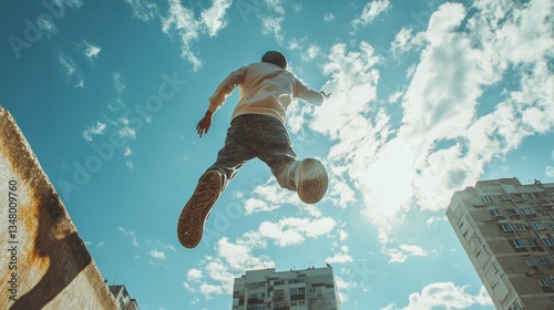 Urban youth jumping high,  sunny sky, city buildings
