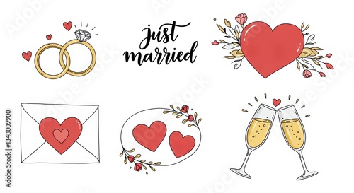 Wedding Decoration Elements Featuring Heart Rings and Just Married Text