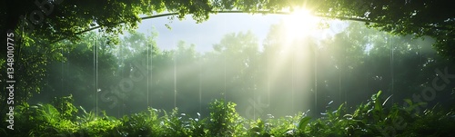 A serene forest scene with soft sunlight filtering through lush greenery, creating a tranquil and inviting atmosphere.