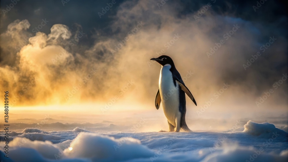 Obraz premium A solitary penguin strides across a snow-covered expanse, bathed in the warm glow of a rising sun, mist swirling around it, creating a serene and majestic winter scene.