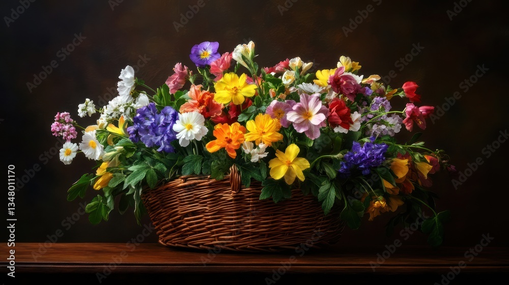 Colorful spring flowers in a rustic basket. Still life on a wooden surface. Potential use greeting cards Colorful spring flowers in a rustic basket. Still life on a wooden surface. Potential use greeting cards