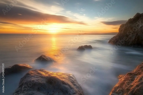 There are three rocks in the water near the shore