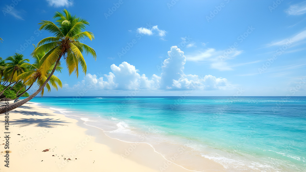 Fototapeta premium Tropical Paradise Beach with Palm Trees and Turquoise Ocean Under Blue Sky