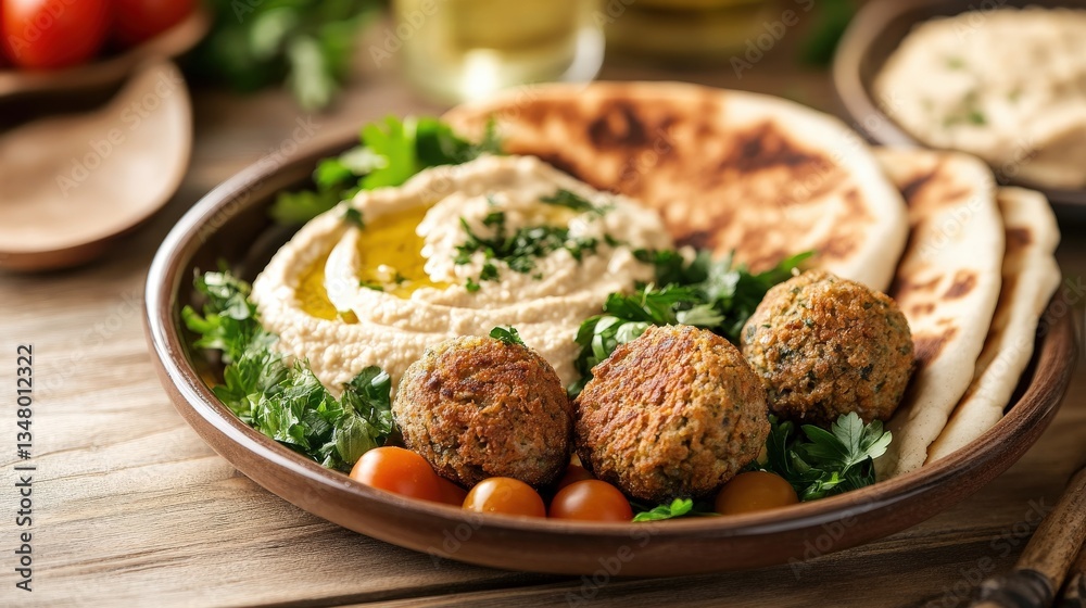 A delicious plate of falafel hummus pita bread and tomatoes A delicious plate of falafel hummus pita bread and tomatoes
