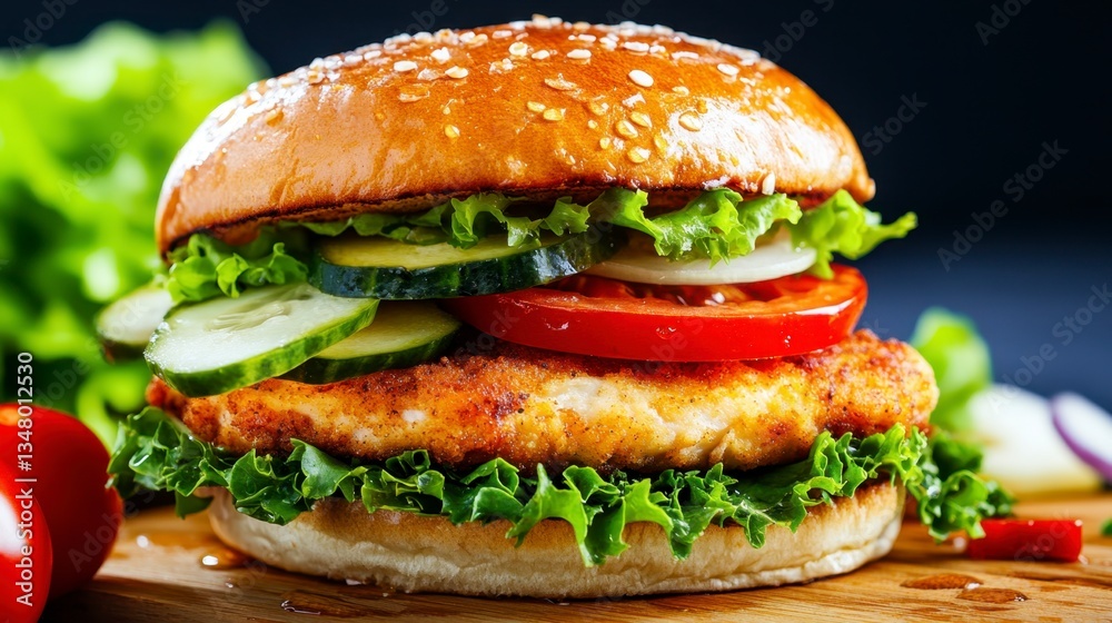 Close up of a juicy chicken burger on a wooden board, garnished with lettuce, tomato, and cucumber slices. The burger is illuminated with a warm light against a dark background. Close up of a juicy chicken burger on a wooden board, garnished with lettuce, tomato, and cucumber slices. The burger is illuminated with a warm light against a dark background.