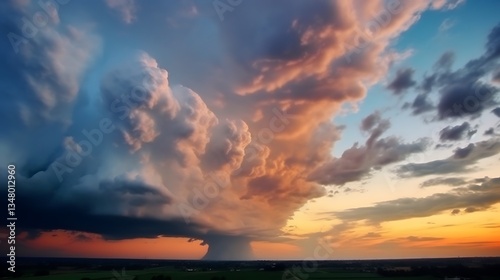 Dramatic Sunset Storm Cloudscape Over Rural Landscape