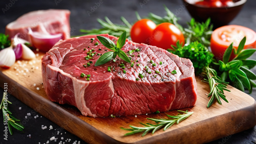 Freshly cooked tender sliced grilled ribeye angus beef steak served on a wooden tray with various ingredients of tomatos, thyme, broccoli, rosemary. Copy space banner for text. Freshly cooked tender sliced grilled ribeye angus beef steak served on a wooden tray with various ingredients of tomatos, thyme, broccoli, rosemary. Copy space banner for text.