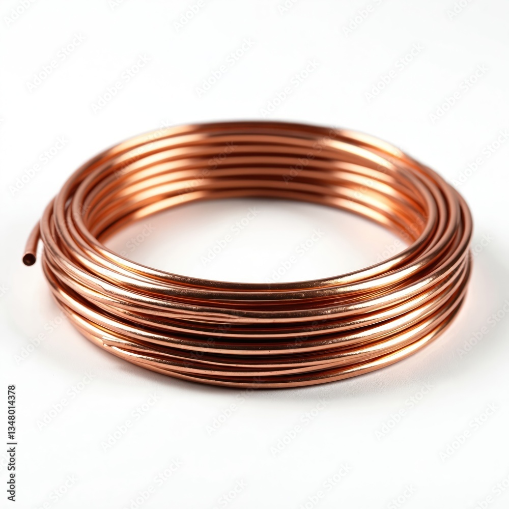 Coiled copper wire isolated on white background. Shiny metal electrical cable in spiral circle form. Construction industry tech, plumbing, automotive tech, electronics, engineering. Coiled copper wire isolated on white background. Shiny metal electrical cable in spiral circle form. Construction industry tech, plumbing, automotive tech, electronics, engineering.