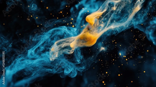 Ink water splash. Abstract blue and yellow liquid shapes against a black background. Color Explosion. Dust Particle Isolated on Black Background. Falling colored powder isolated on black background