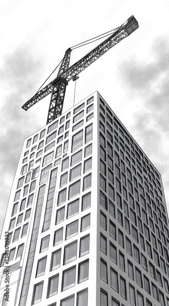 Fototapeta premium Low angle grayscale shot of a modern skyscraper under construction, with a construction crane reaching towards the sky against a cloudy background.