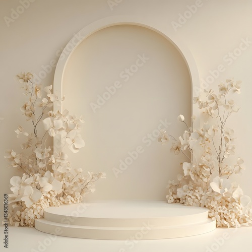 Cream colored floral display featuring an arched backdrop and podium