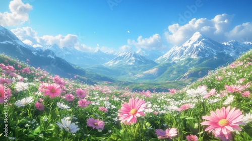 Flower Meadow Before Majestic Snowy Mountains