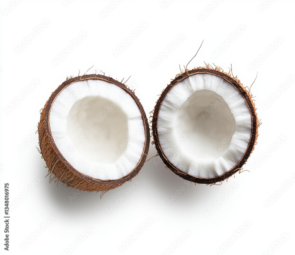 Two halves of a coconut on a white background, showing the white flesh and brown shell. Overhead studio shot. Two halves of a coconut on a white background, showing the white flesh and brown shell. Overhead studio shot.
