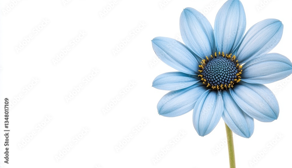 Single pale blue daisy with yellow center on white background, close up view. Single pale blue daisy with yellow center on white background, close up view.