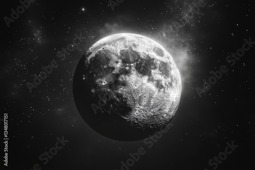 Stunning Black and White Moon with Starry Background in Space