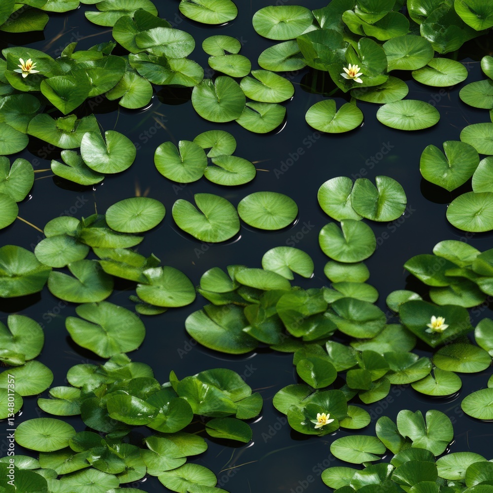 A Serene Collection of Vibrant Green Lily Pads Floating on Dark Water with Delicate White Water Lilies Creating a Tranquil Natural Scene A Serene Collection of Vibrant Green Lily Pads Floating on Dark Water with Delicate White Water Lilies Creating a Tranquil Natural Scene