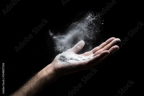 Hand Releasing White Powder in Dark Background for Culinary Use