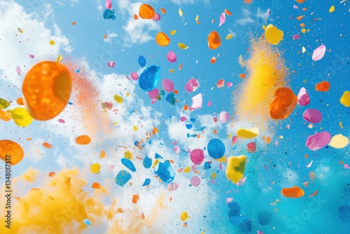 Colorful confetti falling against a bright blue sky with clouds