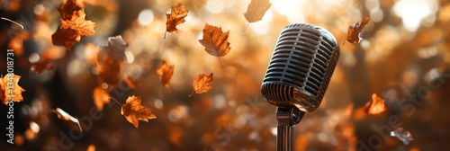 Autumnal Melodies: A Retro Microphone in a Falling Leaves Symphony