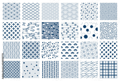 Seamless blue Japanese patterns 24 types, traditional Japanese patterns, vector wallpapers/日本の伝統的な和柄のパターンセット（青）、背景透過