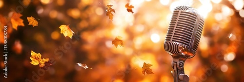 Autumn Acoustic Concert:  Vintage Microphone and Falling Leaves