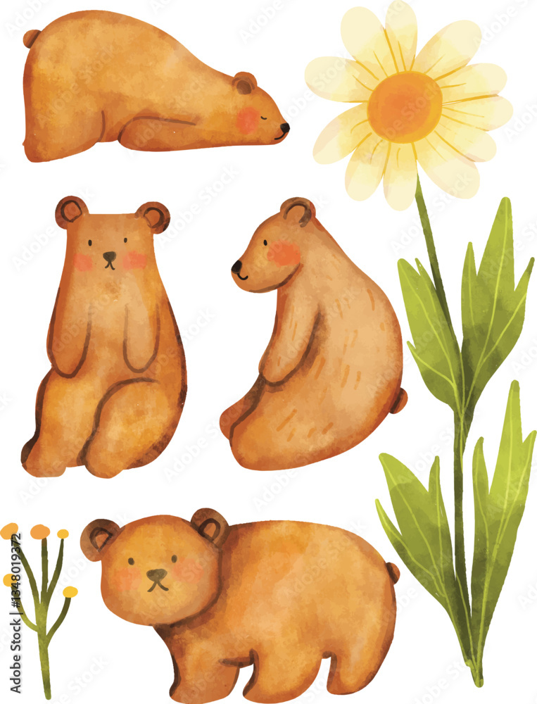 Fototapeta premium Watercolor illustration set of bear and daisy, cute watercolor set of cute bear, Decoration for nursery kids birthday party, print for invitation card baby shower poster template, cute bear set 