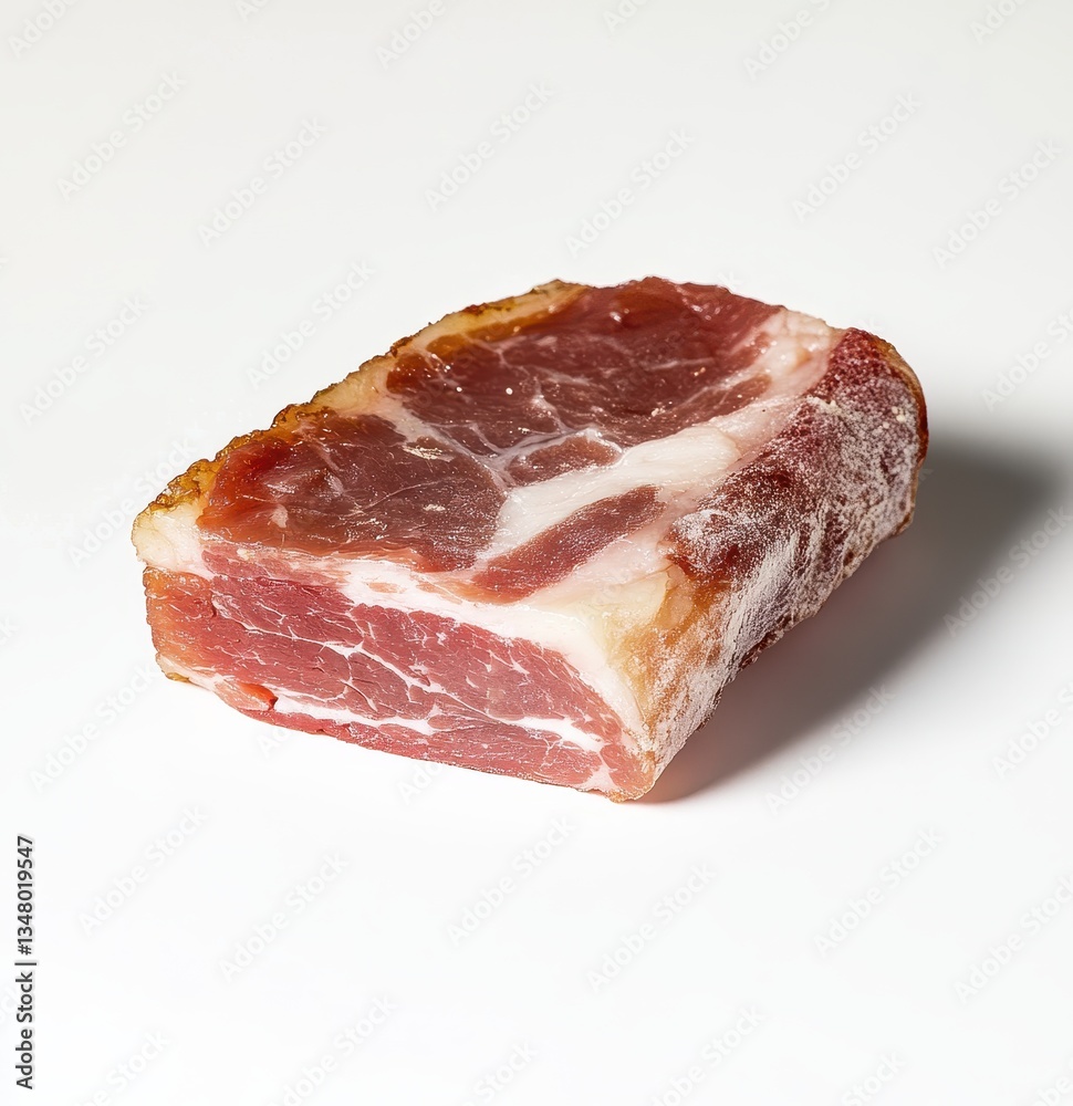 Freshly Cut Slice of Delicious Cured Meat on White Background Perfect for Culinary Recipes, Gourmet Dishes, and Food Preferences Freshly Cut Slice of Delicious Cured Meat on White Background Perfect for Culinary Recipes, Gourmet Dishes, and Food Preferences