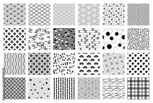 24 monochrome Japanese pattern backgrounds, traditional Japanese patterns, seamless vector backgrounds