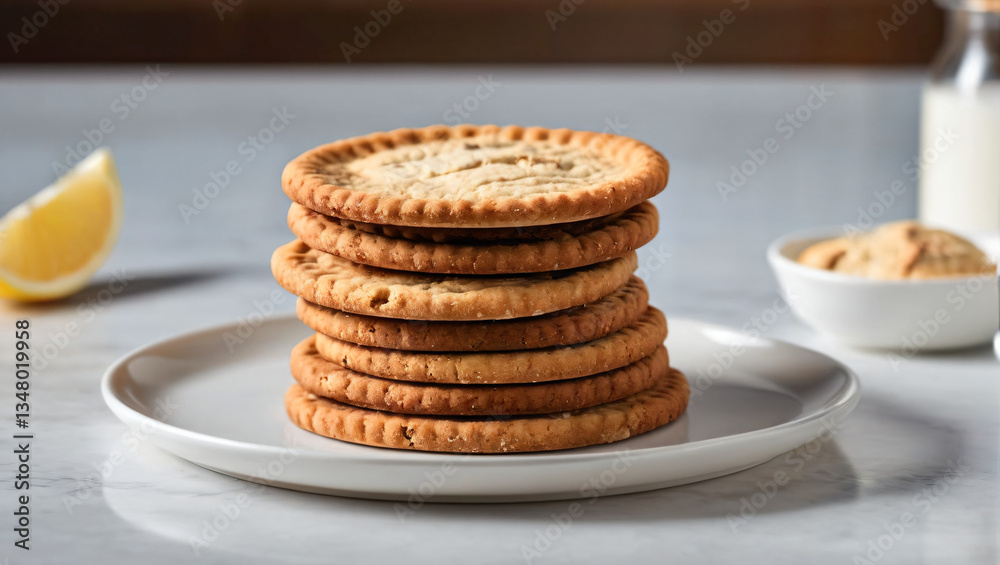 Pile stack of cookie biscuits on a plate. Close up food wallpaper. Plate of cookies on a table surface. Food concept for advertising, wallpapers, eating, breakfast, snacks. Pile stack of cookie biscuits on a plate. Close up food wallpaper. Plate of cookies on a table surface. Food concept for advertising, wallpapers, eating, breakfast, snacks.