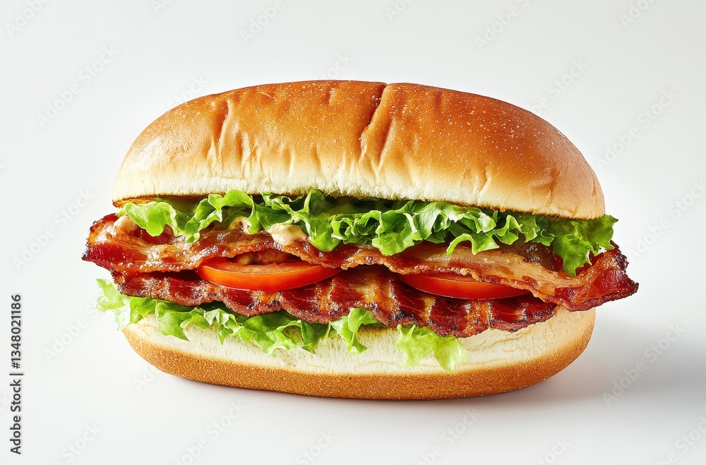 Freshly Made Bacon Sandwich with Crisp Lettuce, Ripe Tomatoes, and Soft Bun on White Background for Tasty Food Promotions Freshly Made Bacon Sandwich with Crisp Lettuce, Ripe Tomatoes, and Soft Bun on White Background for Tasty Food Promotions