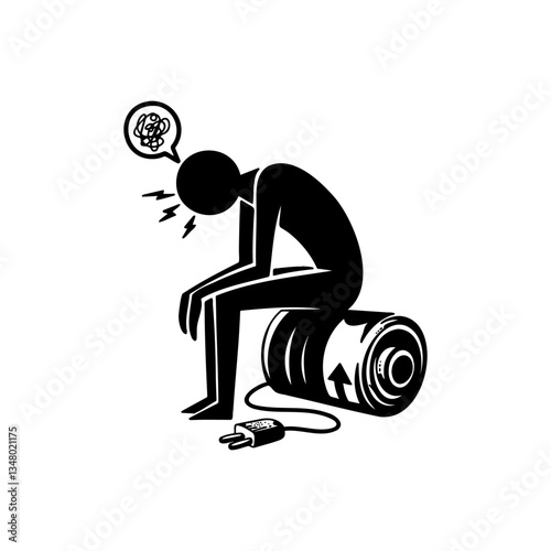 Person sitting on a battery representing exhaustion and the need for recharging after a long day of stressful activities