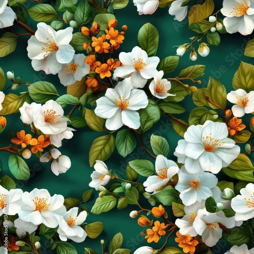 Seamless pattern featu beautifully rendered white flowers decorated with vibrant orange accents on a rich teal background, perfect for textiles.