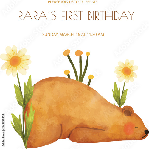Watercolor Invitation Birthday Template card with a cute bear and daisy, Vector illustration perfect for cheerful and festive celebrations. Template for greeting card or poster. Birthday Invitation