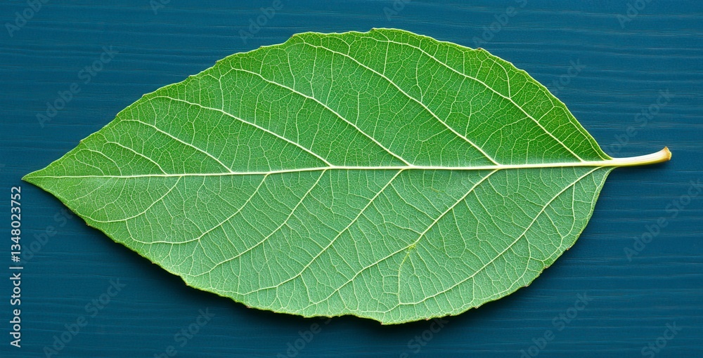 Obraz premium Single green leaf on a dark blue background. The leaf is ovate with a prominent midrib and a slightly serrated edge. The texture appears smooth. The image is a close up shot.