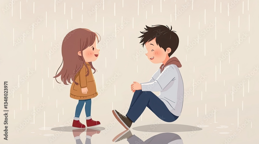Two children share joyful moments during a rainy day sitting and smiling at each other while puddles form around them in a quaint urban setting Two children share joyful moments during a rainy day sitting and smiling at each other while puddles form around them in a quaint urban setting