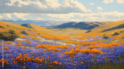 Vibrant Wildflower Meadow In Rolling Hills Landscape