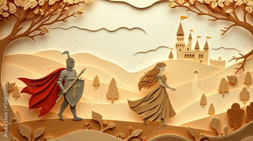 A knight in armor with a shield walks alongside a princess in a flowing dress through a picturesque landscape with hills trees and a distant castle