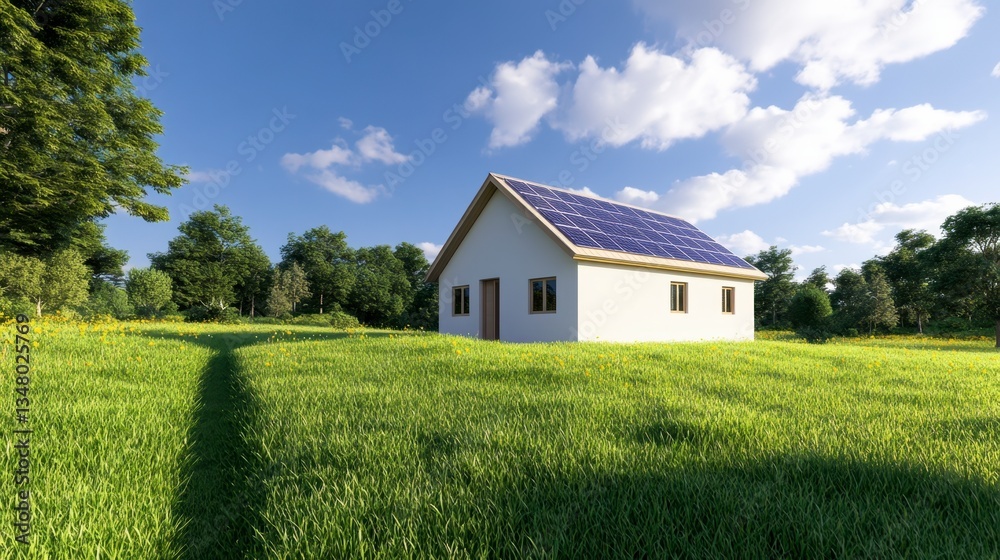White house with solar panels on a grassy field under a sunny sky. Lush green meadow surrounds the house, suggesting a sustainable and eco friendly home. Daytime scene. White house with solar panels on a grassy field under a sunny sky. Lush green meadow surrounds the house, suggesting a sustainable and eco friendly home. Daytime scene.