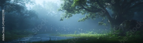 Misty forest scene with a tranquil river and lush greenery.